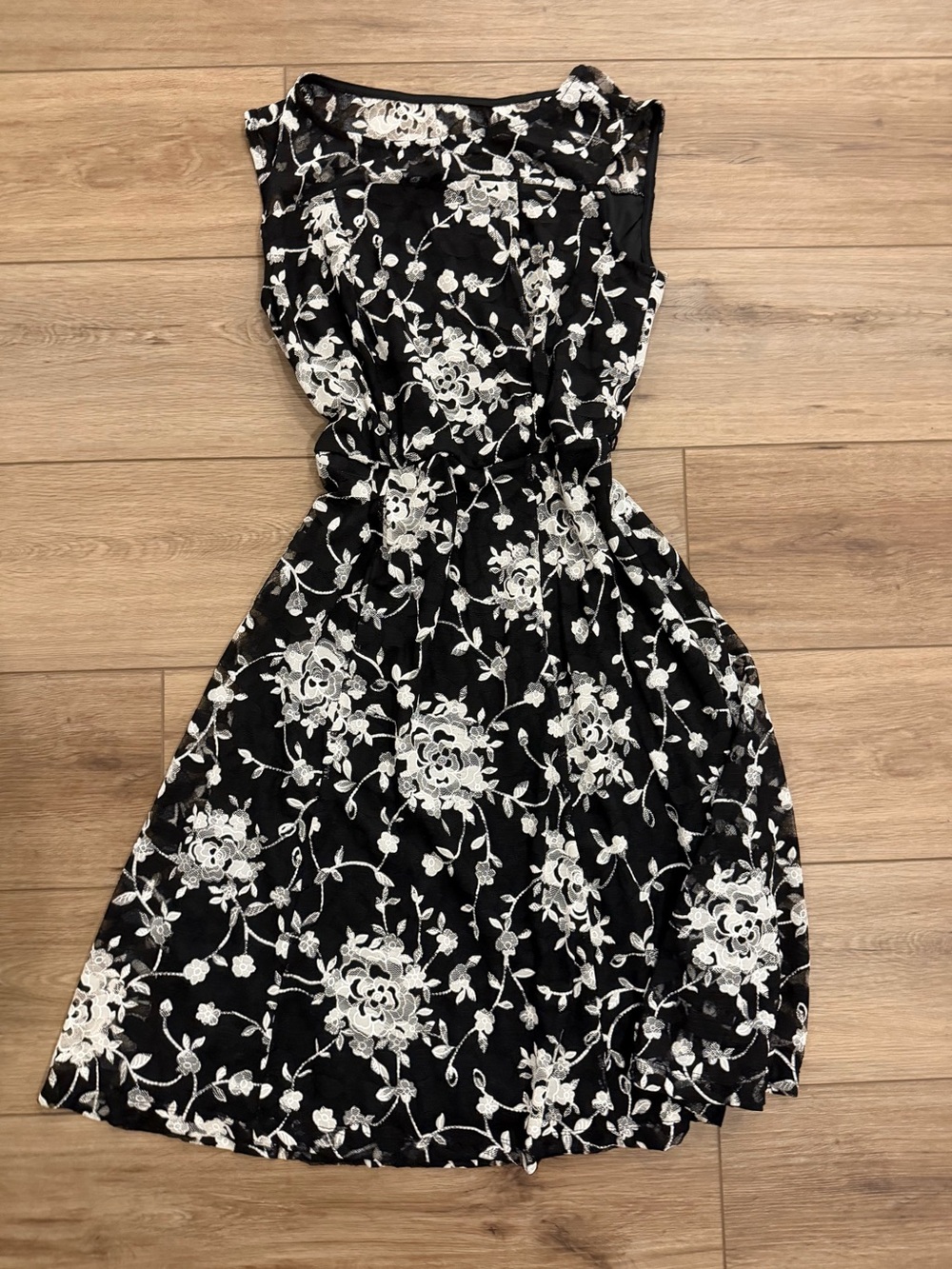 Black Midi Dress with White Floral Lace Overlay